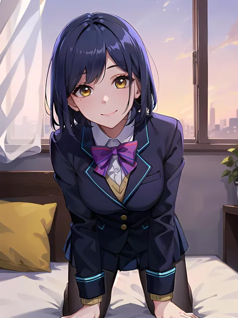 anime girl in a suit and bow tie sitting on a bed