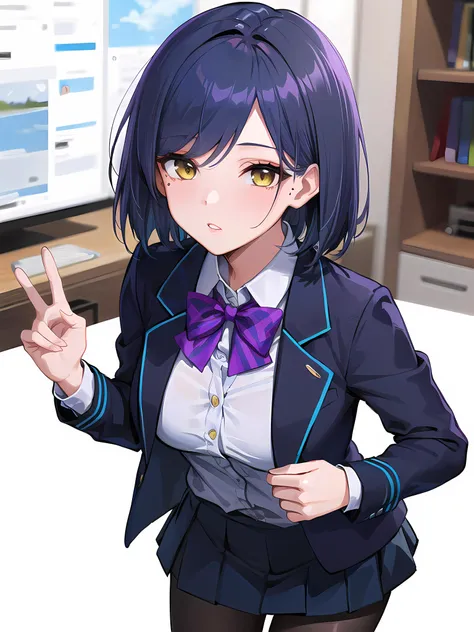 anime girl in a school uniform with a peace sign