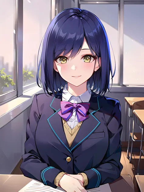 anime girl in a school uniform sitting at a desk with a book