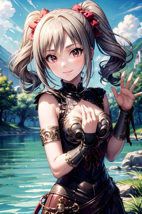 (masterpiece, best quality, detailed), 1girl, solo, looking at viewer, <lora:kanzaki_ranko_v1:0.7>, aaranko, long hair, twintails, twin drills, hair bow, medium breasts, <lora:quiron_Xena_v1240_Lora:0.8>, xenaquiron, xenawarrior, armlet, armor, outdoors, fantasy, wind, waving, hand up, upper body, castle, landscape, dark clouds, water, lake, fog, smile, closed mouth