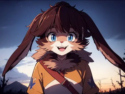 :3 smile, masterpiece, best quality, solo, rabbit, furry, fur, (detailed eyes:0.9), (detailed lighting, detailed shadows, depth of field:0.9), lop_outfit, night sky, upper body,
<lora:LopSW_G4:0.7>