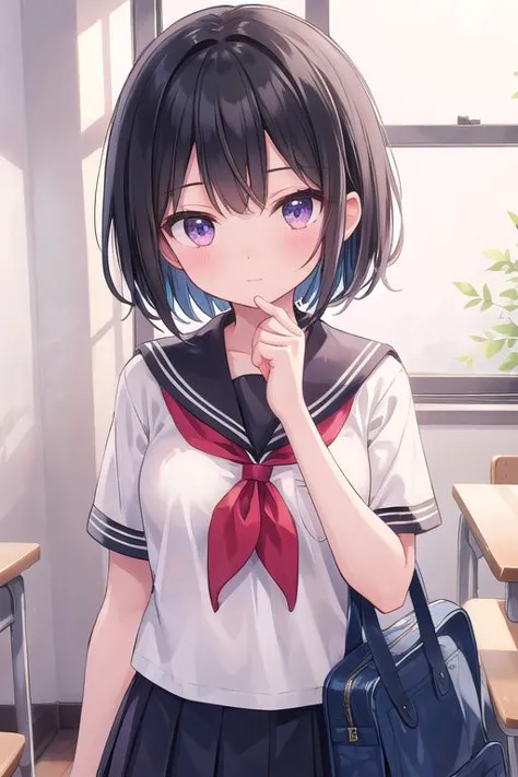 (masterpiece),  1girl,  short hair,  black hair,  ruby eyes,  school uniform