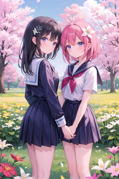(masterpiece),  2girls,  school uniform,  flower hairornament,  flower field,  lilly,  yuri