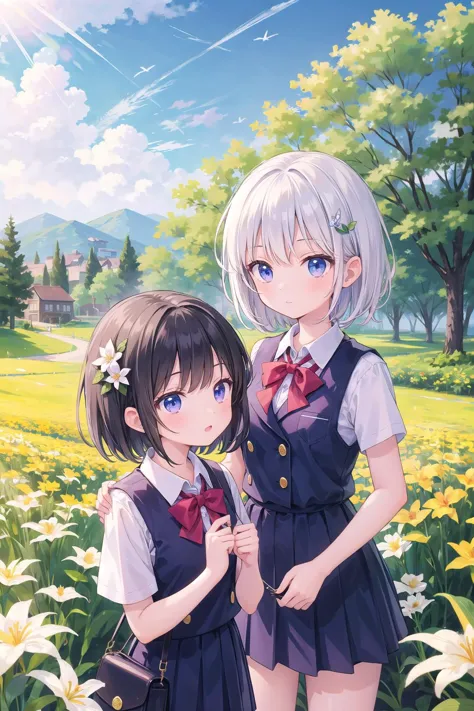 (masterpiece),  2girls,  short hair,  school uniform,  flower hairornament,  flower field,  lilly