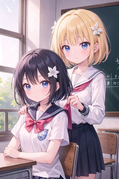 (masterpiece),  2girls,  short hair,  school uniform,  flower hairornament,  lilly