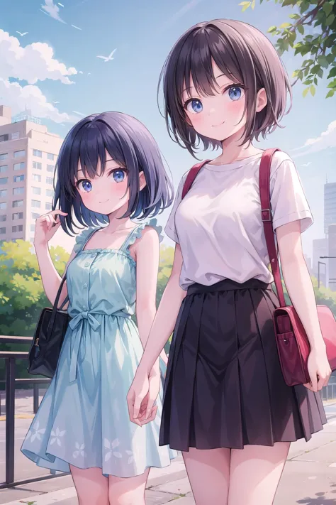 (masterpiece),  2girls,  casual,  park,  smile