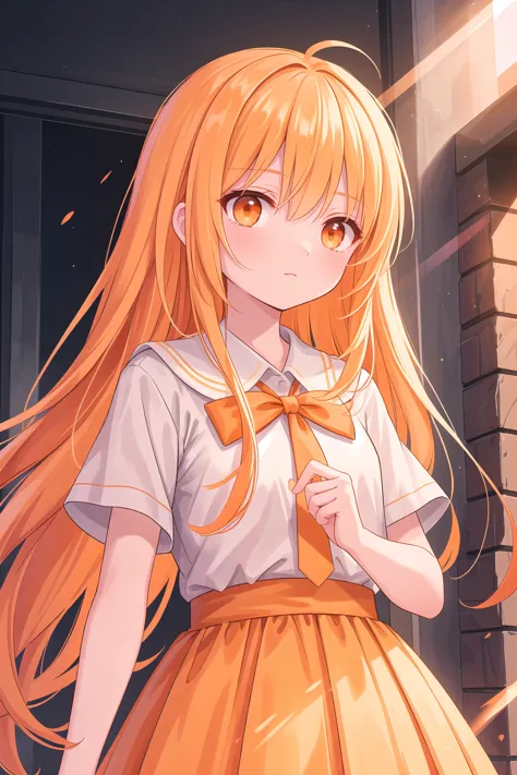 anime girl with long blonde hair and orange dress standing in front of a brick building