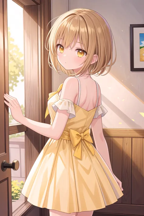 anime girl in yellow dress looking out a window