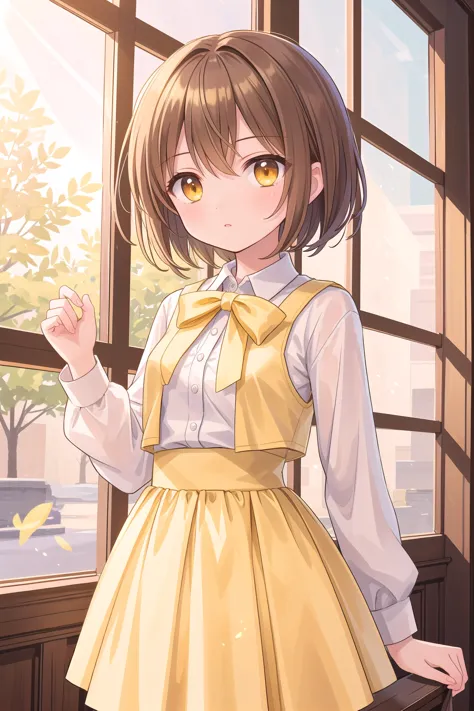 anime girl in yellow dress looking out window with yellow eyes