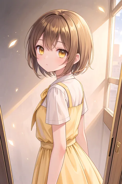 anime girl in yellow dress looking out window with yellow eyes