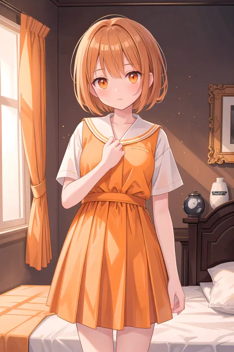 anime girl in a short dress standing in a bedroom