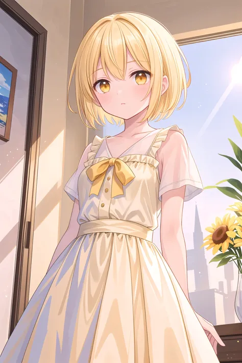 anime girl in a dress standing in front of a window