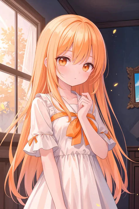 anime girl with long blonde hair and orange bow in a room