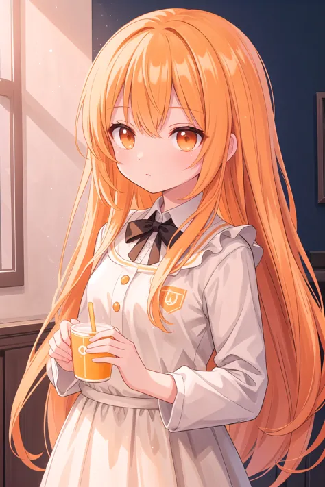 anime girl with long blonde hair holding a glass of orange juice