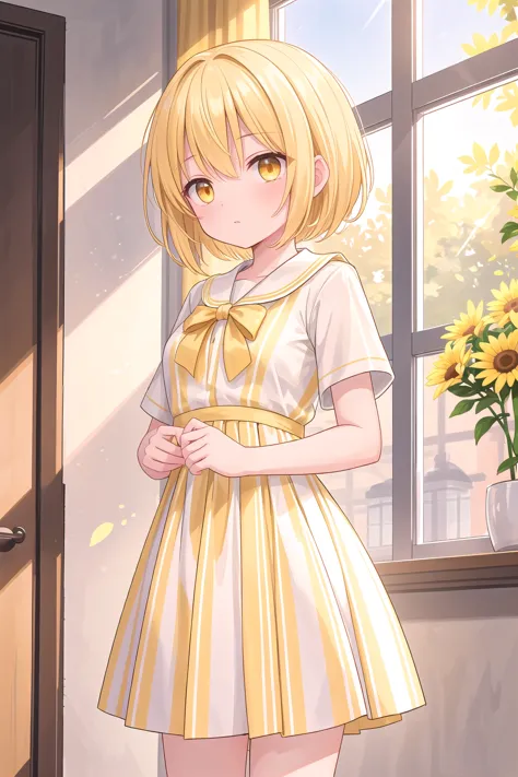 anime girl in a yellow dress standing in front of a window