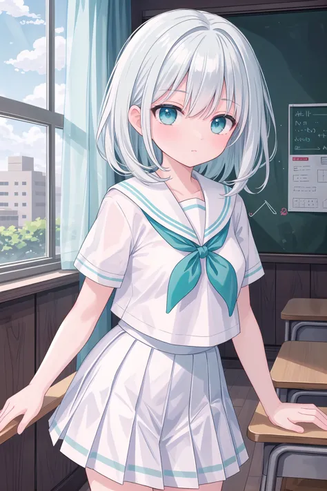 (masterpiece), classroom, 1girl, medium hair, white hair, (aqua eyes:1.2), (white sailor collar:1.2), serafuku, white skirt, ple...