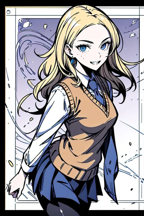 (masterpiece, top quality, best quality, official art:1.2, detailed:1.2)(original design:1.3),(consistent outfit:1.2)1girl,luna lovegood,((big smile)), ((dimples)),blonde hair, blue eyes, earrings, freckles, looking at viewer, necktie, pantyhose, pleated skirt, ravenclaw school uniform, shirt, skirt, smile, solo, sweater vest, vest, white shirt, <lora:luna1:1>,<lora:lcm-lora-sdv1-5 :1> , (<lora:Noblesse:1.2>)