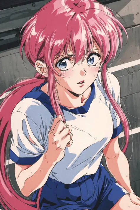 a close up of a person with pink hair and blue eyes