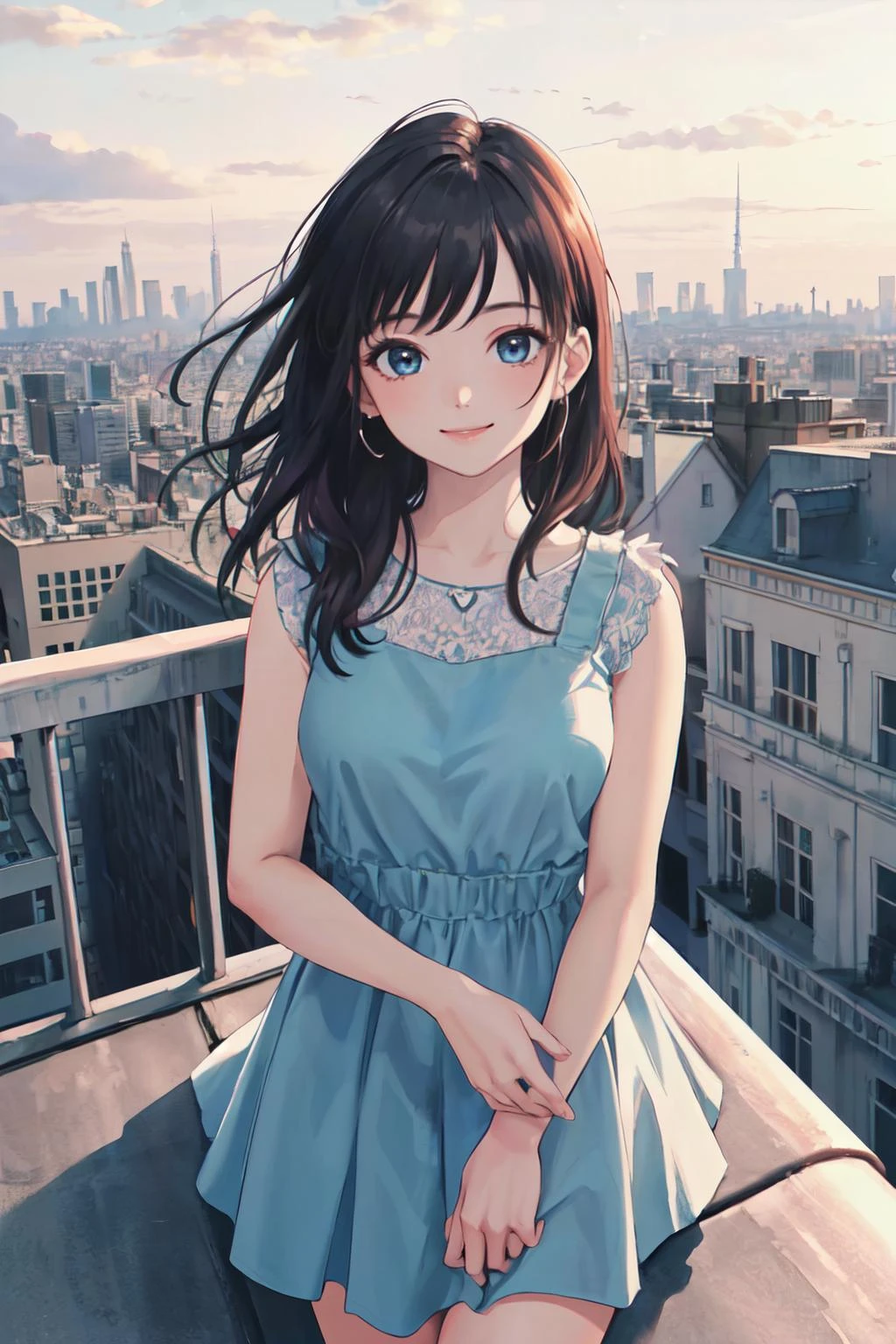 (best quality, masterpiece, RAW photo,ultra-detailed:1.2), 1girl ,looking at viewer, smile,rooftop, from above, city,