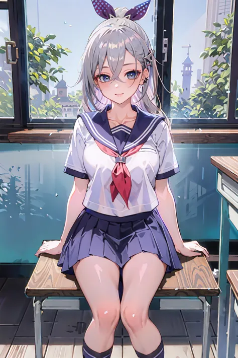 anime girl sitting on a bench with her legs crossed