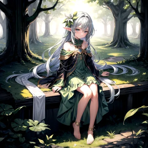 anime girl sitting on a bench in a forest with trees