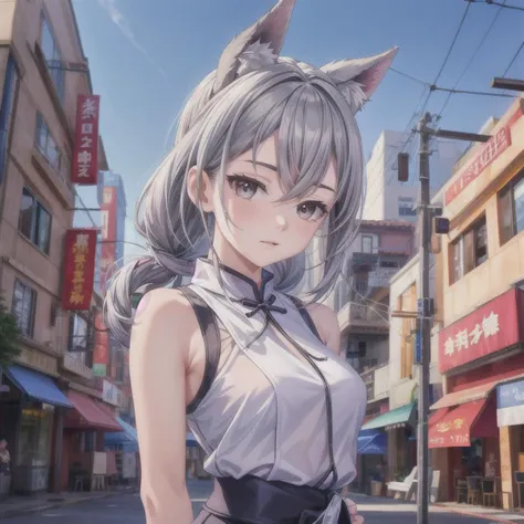 anime girl with long gray hair and a cat ears standing in the middle of a street