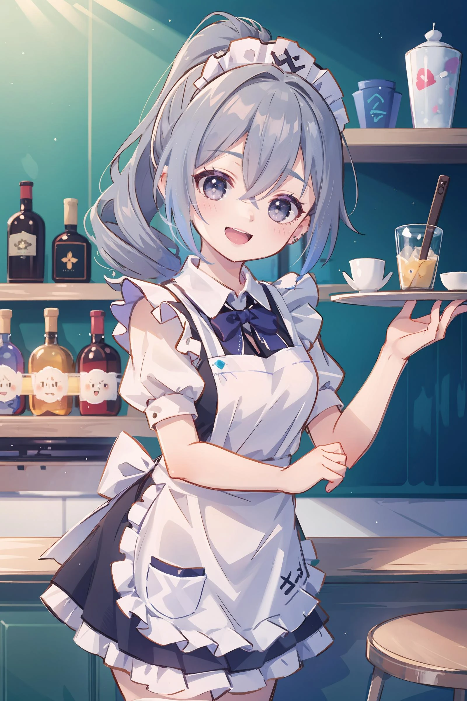 Anime girl in a maid outfit holding a tray with a drink - SeaArt AI