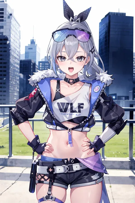 1girl, silver wolf \(honkai: star rail\), cropped jacket, fingerless gloves, black shorts, eyewear on head, goggles, thigh strap, hair ribbon, crop top, choker, drill ponytail, standing, cowboy shot, <lora:Smug:0.8>, smug, open mouth, naughty face, hand on hip, cityscape, skyline, depth of field