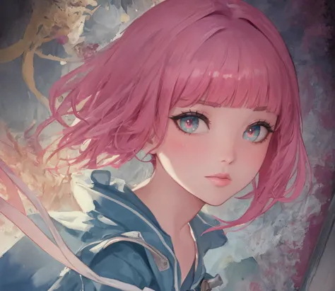 anime girl with pink hair and blue eyes holding a sword