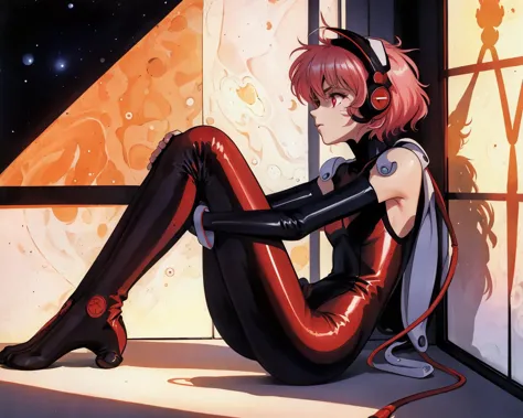 anime girl in latex sitting on the floor with headphones on