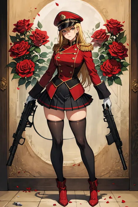 a woman in uniform holding guns and roses in front of a door