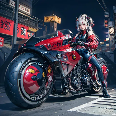 official art, unity 8k wallpaper, ultra detailed, beautiful and aesthetic, masterpiece, best quality, realistic, <lora:vtuberNakiriAyame_v5:0.7>, horns, blush, long hair, white hair, streaked hair, red eyes, hair bow, mole under eye,  red akirabike, riding...