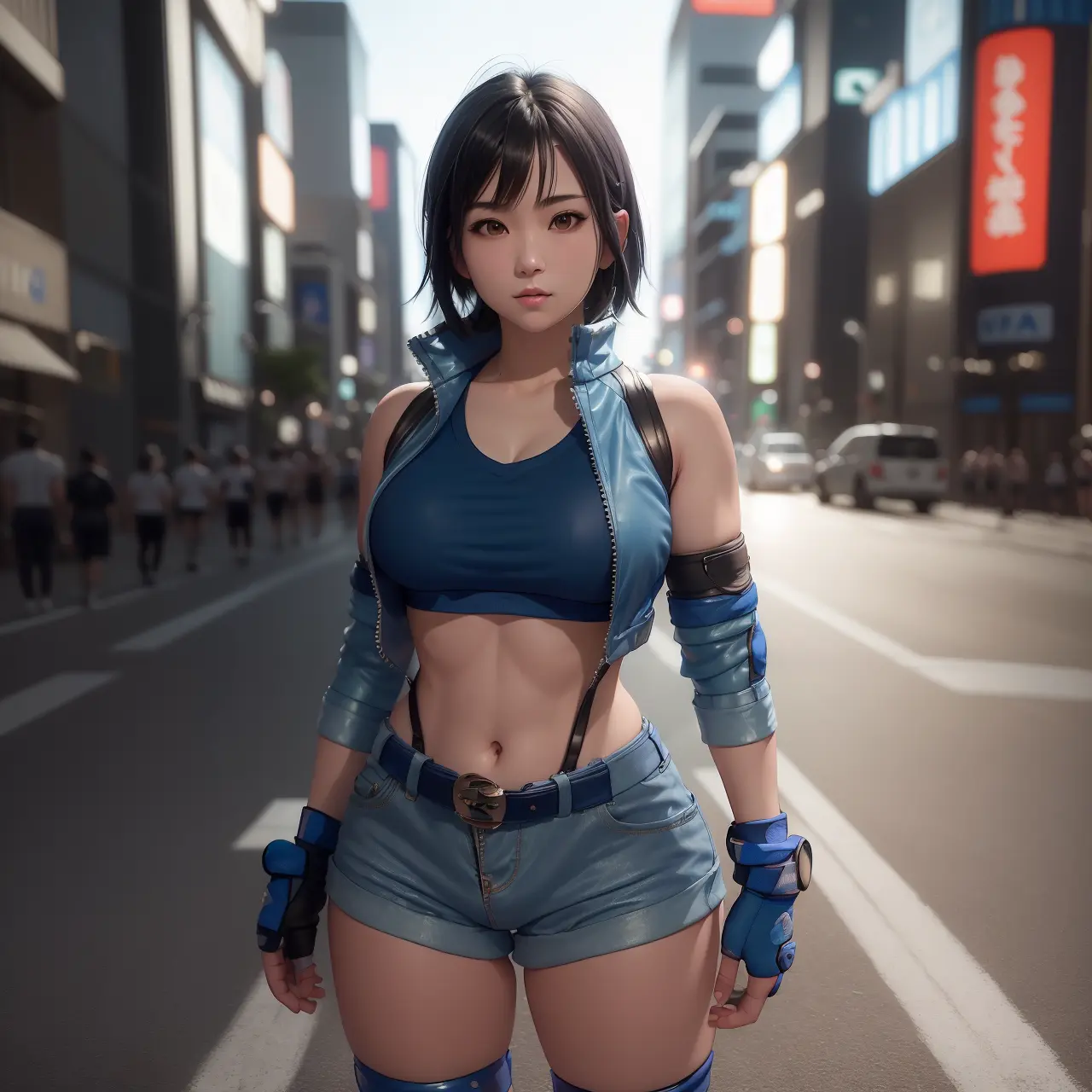 Masterpiece,8k, perfect face highly detailed,HDR, ultra realistic photoshoot, absurdres,award winning photo, extremely detailed, amazing, fine detail, 
KazAsuka, Japanese woman, blue crop top, big breasts, denim jacket and minishorts, short black hair, MMA gloves, posing for a picture, in the streets of Osaka
 