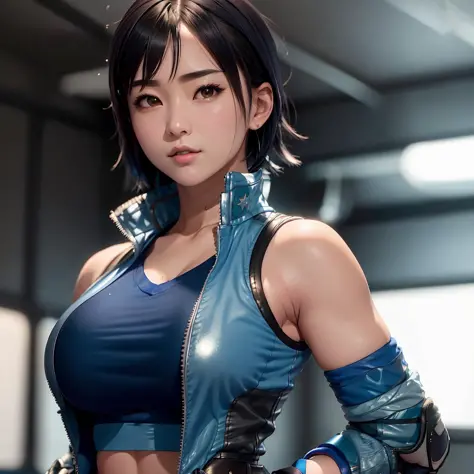 Masterpiece,8k, perfect face highly detailed,HDR, ultra realistic photoshoot, absurdres,award winning photo, extremely detailed, amazing, fine detail, 
KazAsuka, Japanese woman, blue crop top, big breasts, denim jacket and minishorts, short black hair, MMA gloves, posing for a picture, 
 <lora:KazAsuka:1>