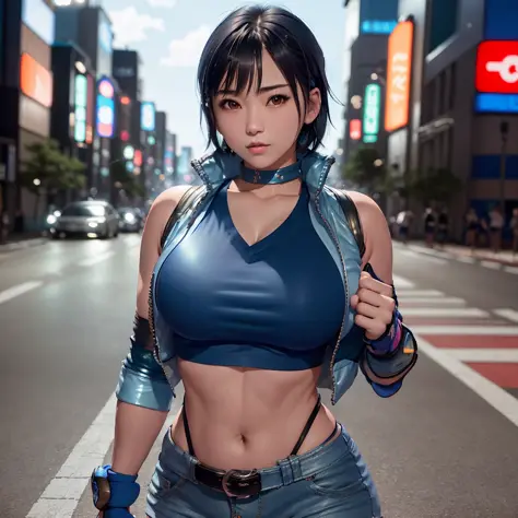 Masterpiece,8k, perfect face highly detailed,HDR, ultra realistic photoshoot, absurdres,award winning photo, extremely detailed, amazing, fine detail, 
KazAsuka, Japanese woman, blue crop top, big breasts, denim jacket and minishorts, short black hair, MMA gloves, posing for a picture, in the streets of Osaka
 <lora:KazAsuka:1>