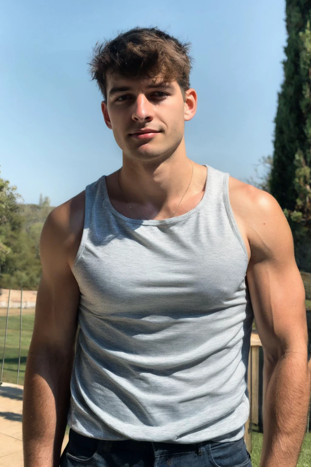 a handsome boy, darelljones, realistic, upper_body, (masterpiece, best quality:1.2), natural light, upper body, tank top, outdoors, detailed skin,, (masterpiece,best quality:1.5)