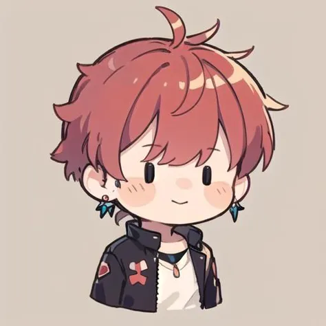 flat avatar, 1boy, solo, soft_smile, upper_body,chibi, simple background,Neon Red hair, earrings,leather jacket