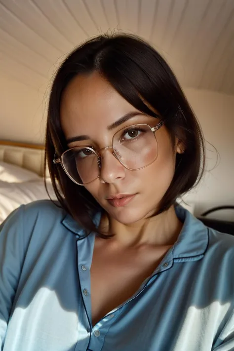 solo, Muy detallado, cara detallada, Agathe_Auproux con gafas, Imagen de una hermosa mujer de 30 años que acaba de despertarse de una manera linda ,en cama, SFW, en pijama, abriendo los ojos mientras se levantaba