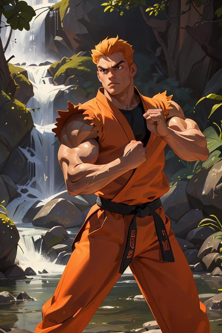 RyuSaka,1人,筋肉質:1.2,筋肉質 arms,オレンジのダギ,オレンジ色のパンツ,黒帯,傑作,殿下,完璧な顔,完璧な写真,細かい目,シャープなフォーカス,戦闘姿勢,滝のそばで,