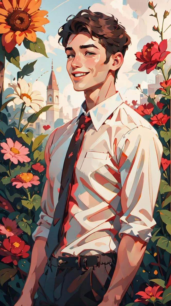 英俊的少年男模特, 男性焦點,  棕色短捲髮, 色情,微笑, , 緊身白襯衫, 科迪克里斯蒂安 BREAK 調整領帶, 花園, 豪華