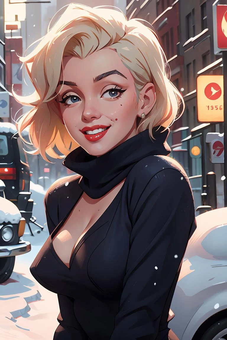 paparazzi portrait photo of Marilyn Monroe smiling and posing for a photo shoot on a New York street, very diffuse light, (single black mole on the left cheek:0.6), sensual,  cleavage, wearing a yellow winter turtleneck sweater from 1950, wearing a blue silk scarf around her neck,  red lips, snow gloves. Retro scenery in the background, 1950s snow covered cars, 1950s (highly detailed skin:1.2),  High details. ultra high res.photorealistic:1.2,UHD, DSLR, soft lighting, high quality, grain film, FujifilmXT3  