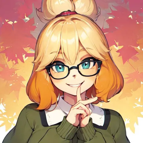 anime girl with glasses and a green sweater posing for a picture