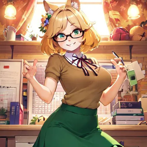 anime girl in a green skirt and glasses holding a book