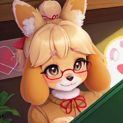 anime character with glasses and a cat ears holding a laptop