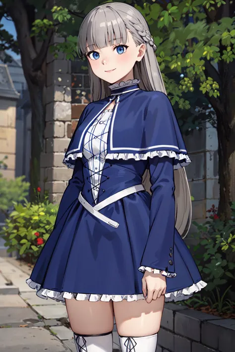 masterpiece,best quality,highres,ultra-detailed,lawine,long hair,braid,french braid,blunt bangs,capelet,blue capelet,dress,blue dress,frills,long sleeves,thigh boots,cross-laced footwear,(white footwear:1.2),<lora:lawine:0.7>,outdoors,cowboy shot,smile,sta...