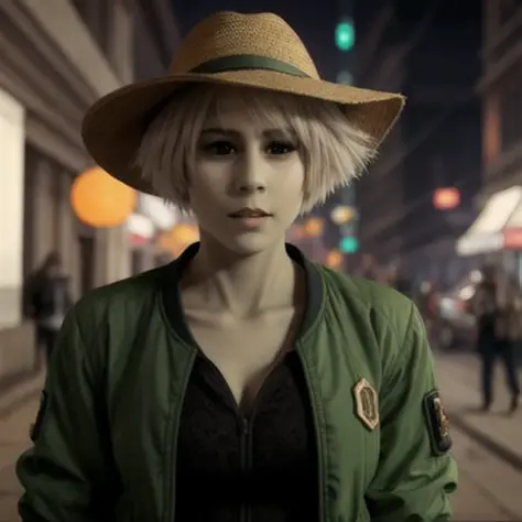 ((DSLR Photo)), ((realistic))), wearing a straw hat, ChianaFarscape, wearing a green bomber jacket, from nearby, (front view:1.5), soft lighting, perfect face, walking down a street, sci-fi, cyberpunk, futuristic atmosphere, intricate, detailed, photorealistic imagery, 8k, a masterpiece, <lora:ChianaFarscape:0.6>