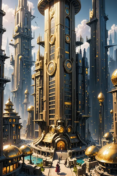 futuristic city with a clock tower and a clock tower in the middle