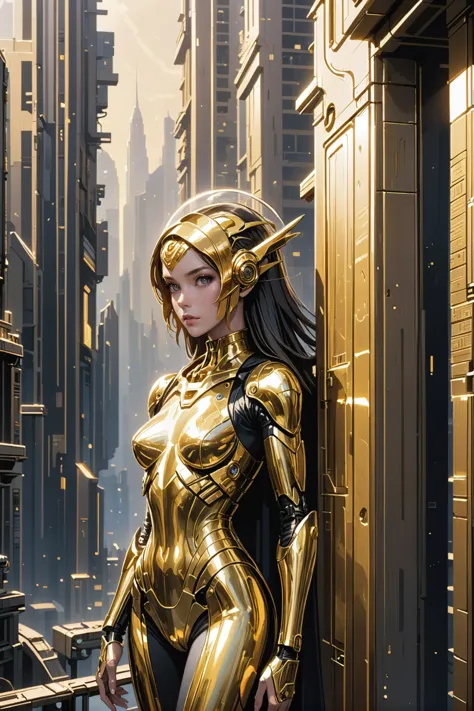 a woman in a gold suit standing in front of a city