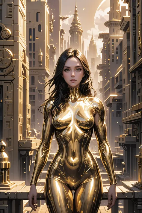 a woman in a gold suit standing on a city street