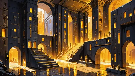 a painting of a large building with a lot of stairs